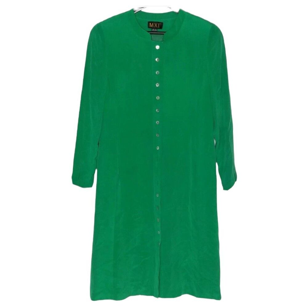 M.X.I. Vintage Green 100% Silk Maxi Midi Dress Button sz 10